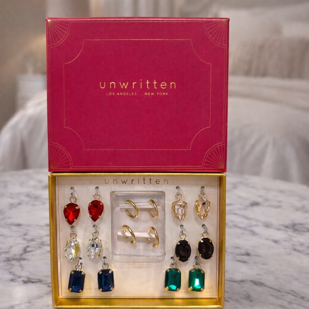 Unwritten 14K Gold Plated Interchangeable Earrings Set Glass Charms Gift Box
